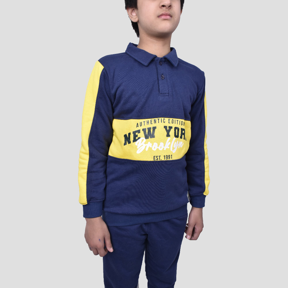 Boys' Navy & Yellow Polo Collar Cotton Terry Sweatshirt Set | Sporty Tracksuit for Kids in Pakistan