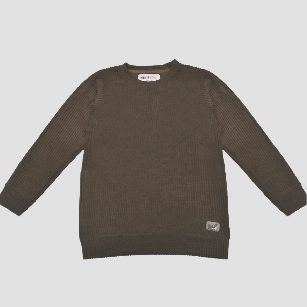 Boys' Dark Brown Thermal Cotton Ribbed Knit Sweater | Classic Crewneck Pullover for Winter in Pakistan