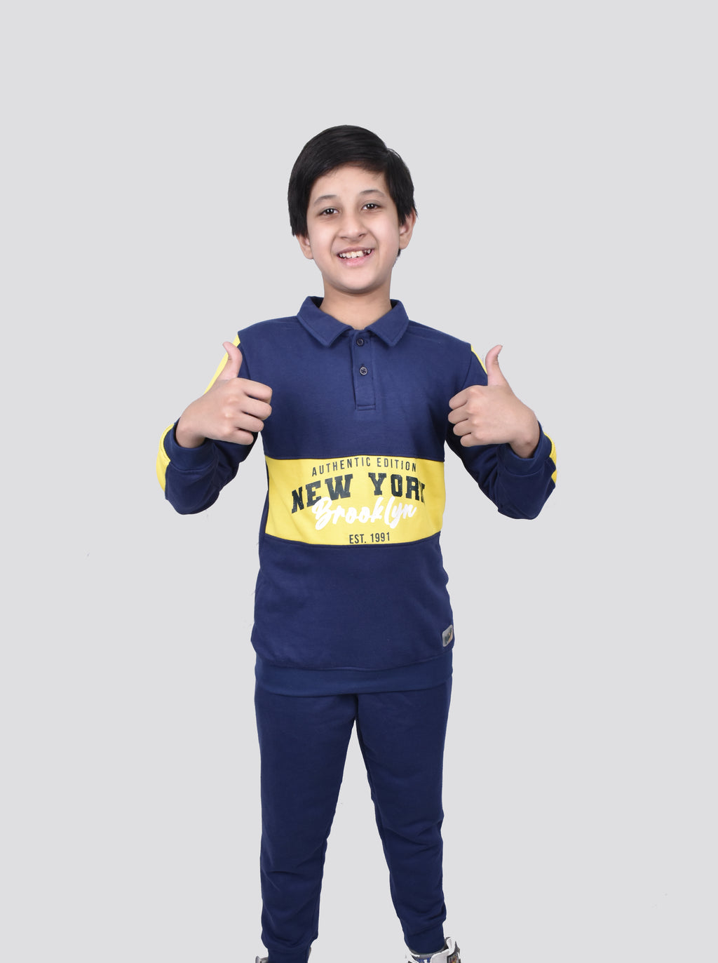 Boys' Navy & Yellow Polo Collar Cotton Terry Sweatshirt Set | Sporty Tracksuit for Kids in Pakistan